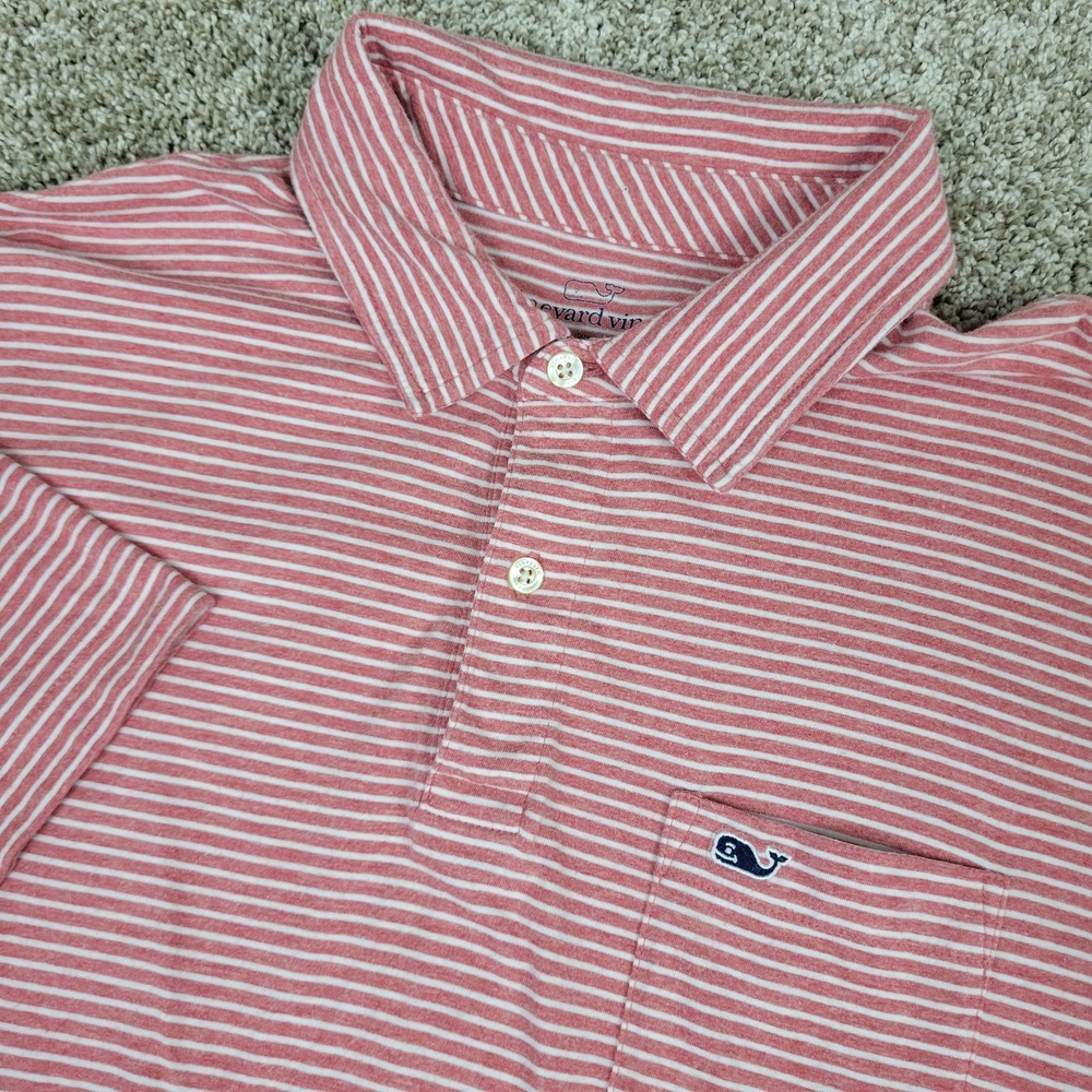 Vineyard Vines Mens Large Red White Striped Stretch Knit Polo Short Sleeve